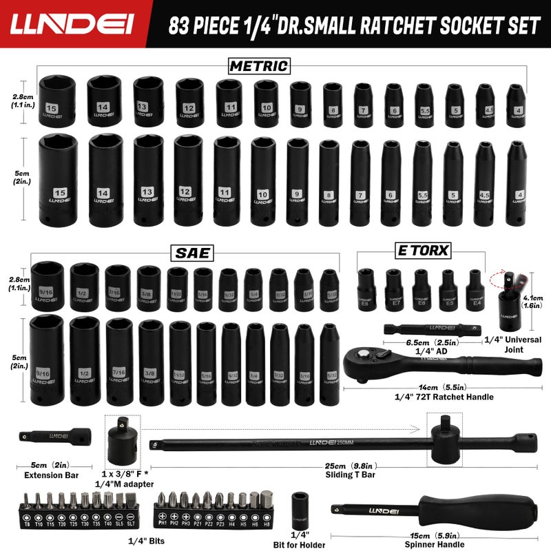 LLNDEI 1/4 inch Drive Impact Socket Set 83 Piece Standard SAE(5/32-9/16 inch) Metric Size(4-15mm) 72T Ratchet Wrench Handle CR-V Mechanics Tool Set with Adapter Screwdriver Bits for Automotive Repair - Image 2